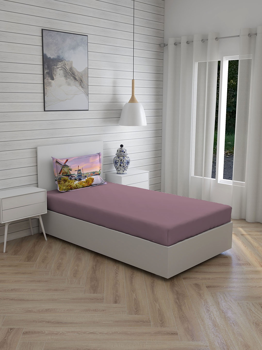 

Boutique Living India Mauve & Blue 200 TC Cotton Single Bedsheet with 1 Pillow Cover