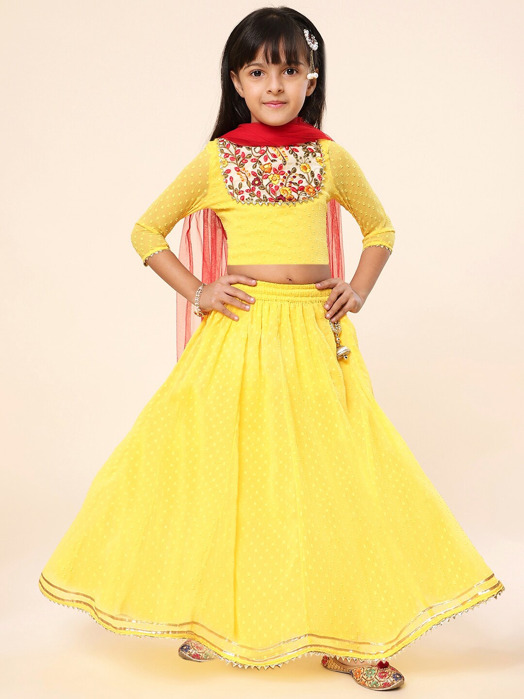 

A T U N Girls Embroidered Ready to Wear Lehenga & Blouse With Dupatta, Yellow