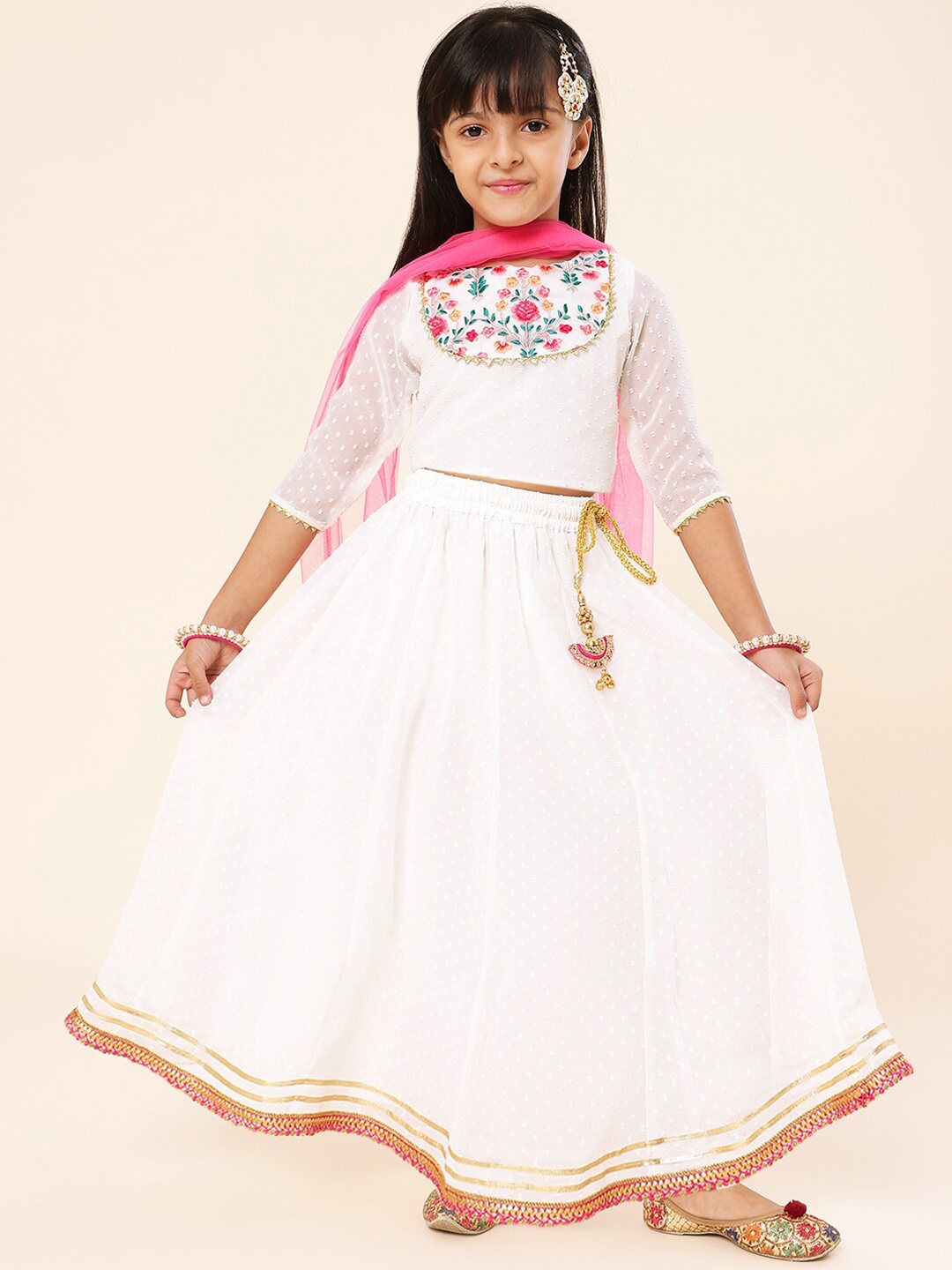 

A T U N Girls Embroidered Ready to Wear Lehenga & Blouse With Dupatta, White