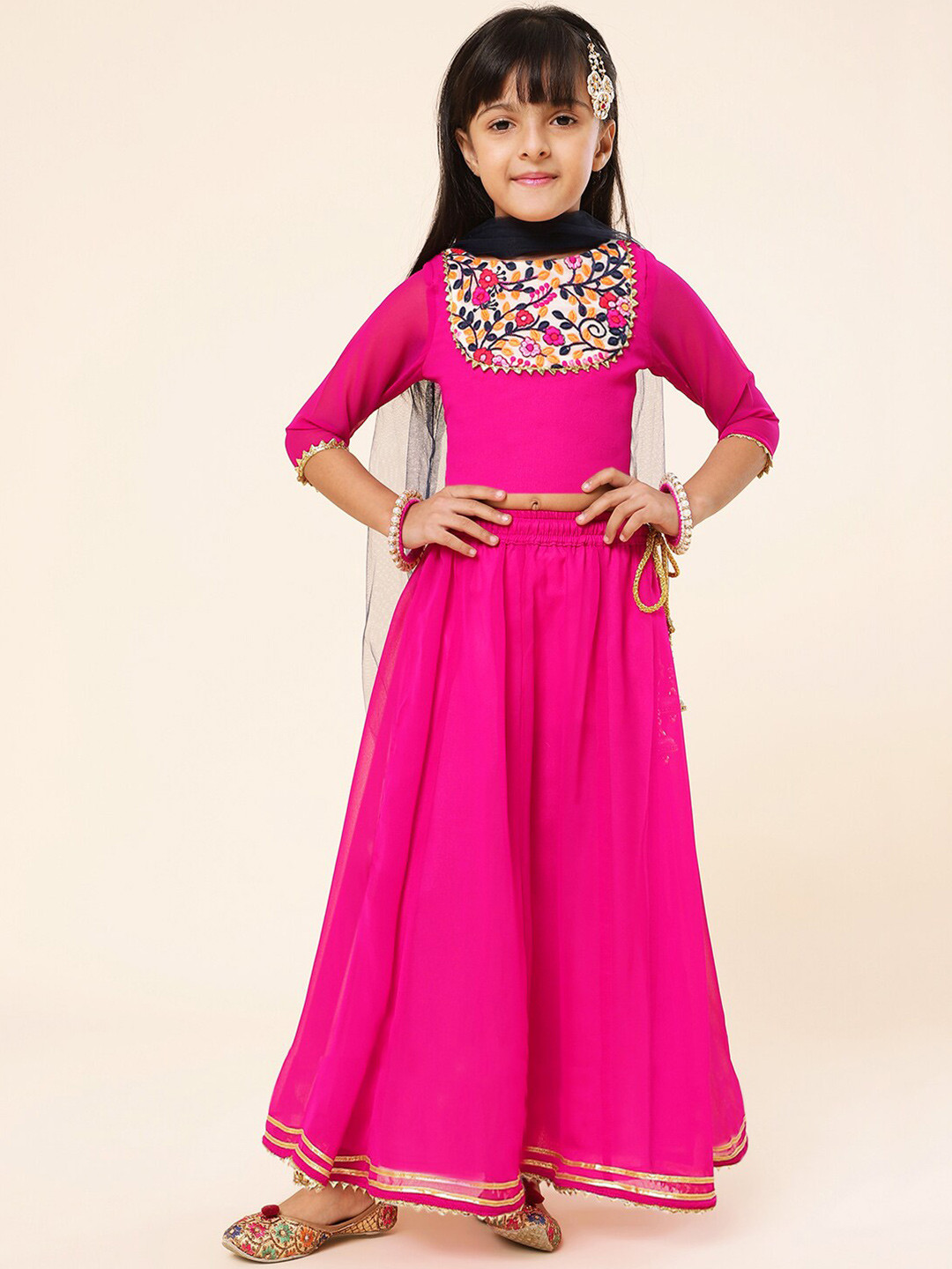 

A T U N Girls Embroidered Ready to Wear Lehenga & Blouse With Dupatta, Fuchsia