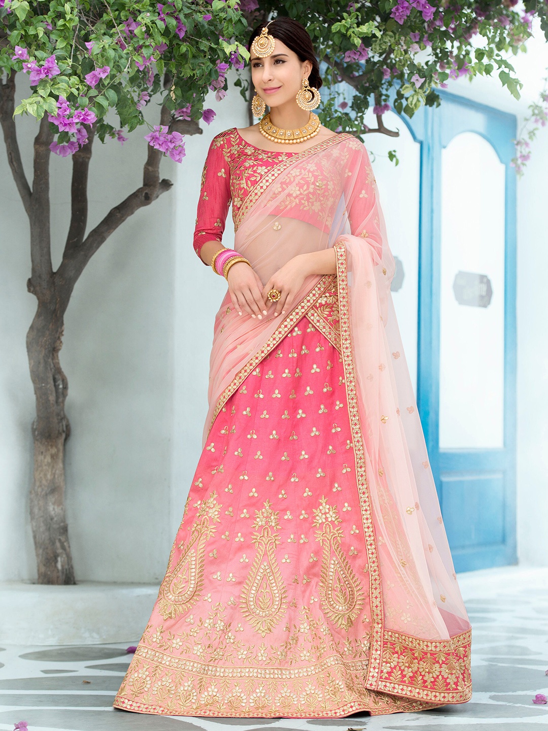 

SAPTRANGI Embroidered Semi-Stitched Lehenga & Unstitched Blouse With Dupatta, Pink