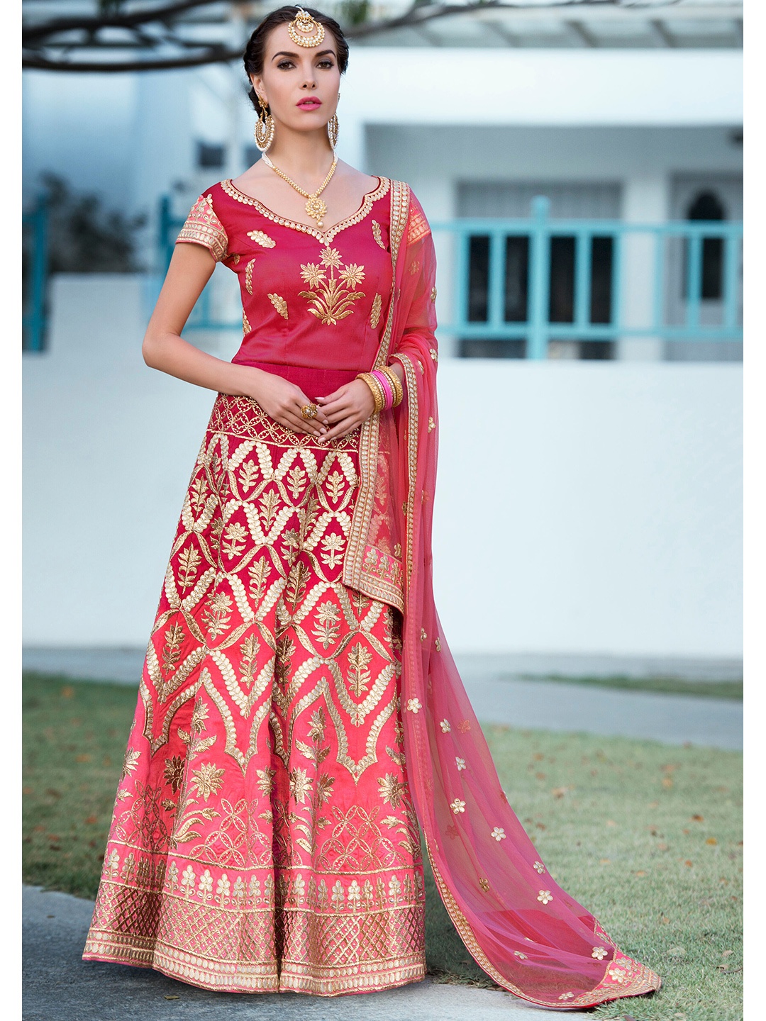 

SAPTRANGI Embroidered Semi-Stitched Lehenga & Unstitched Blouse With Dupatta, Pink