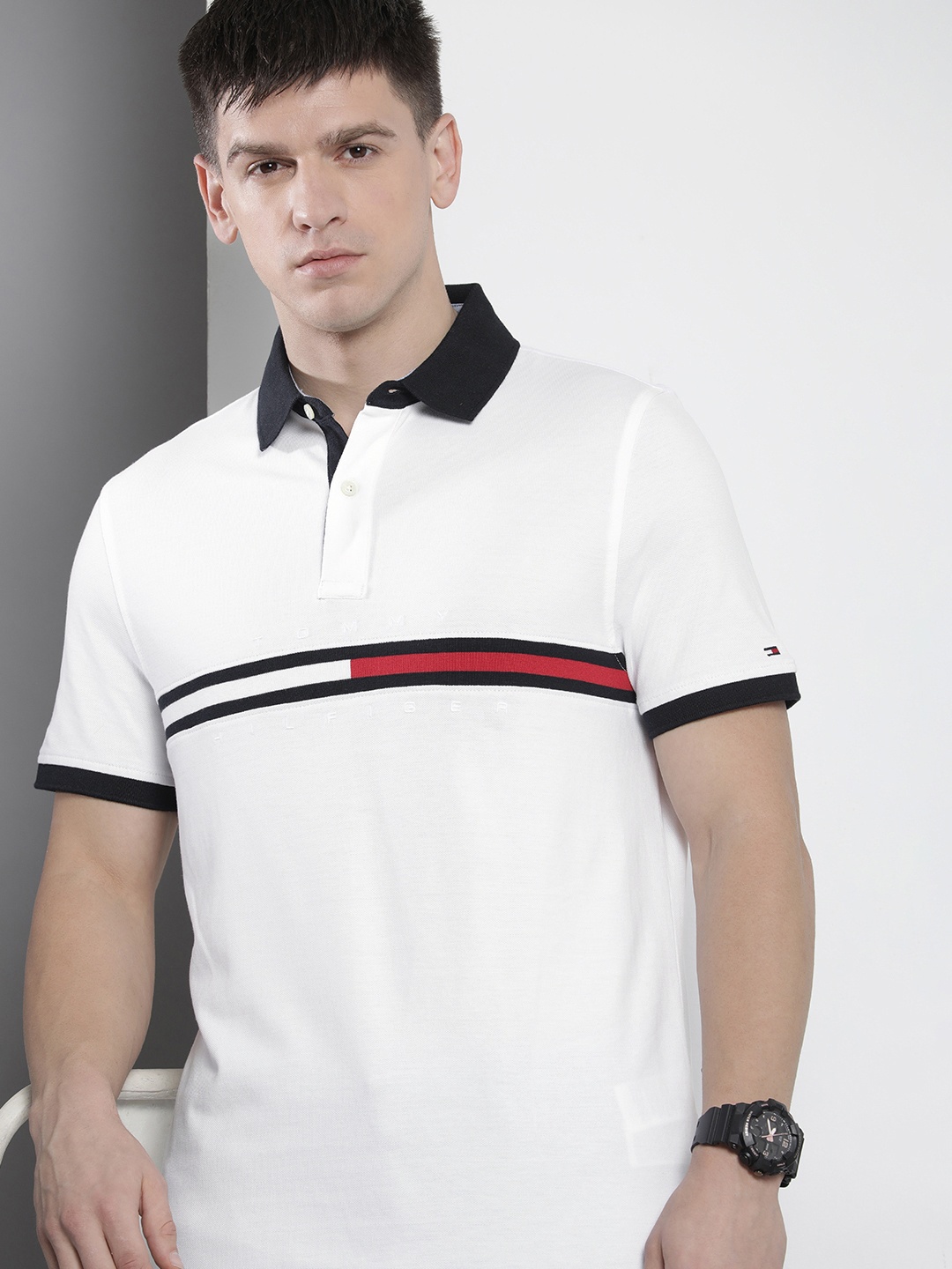 

Tommy Hilfiger Men Striped Polo Collar Pure Cotton T-shirt, White