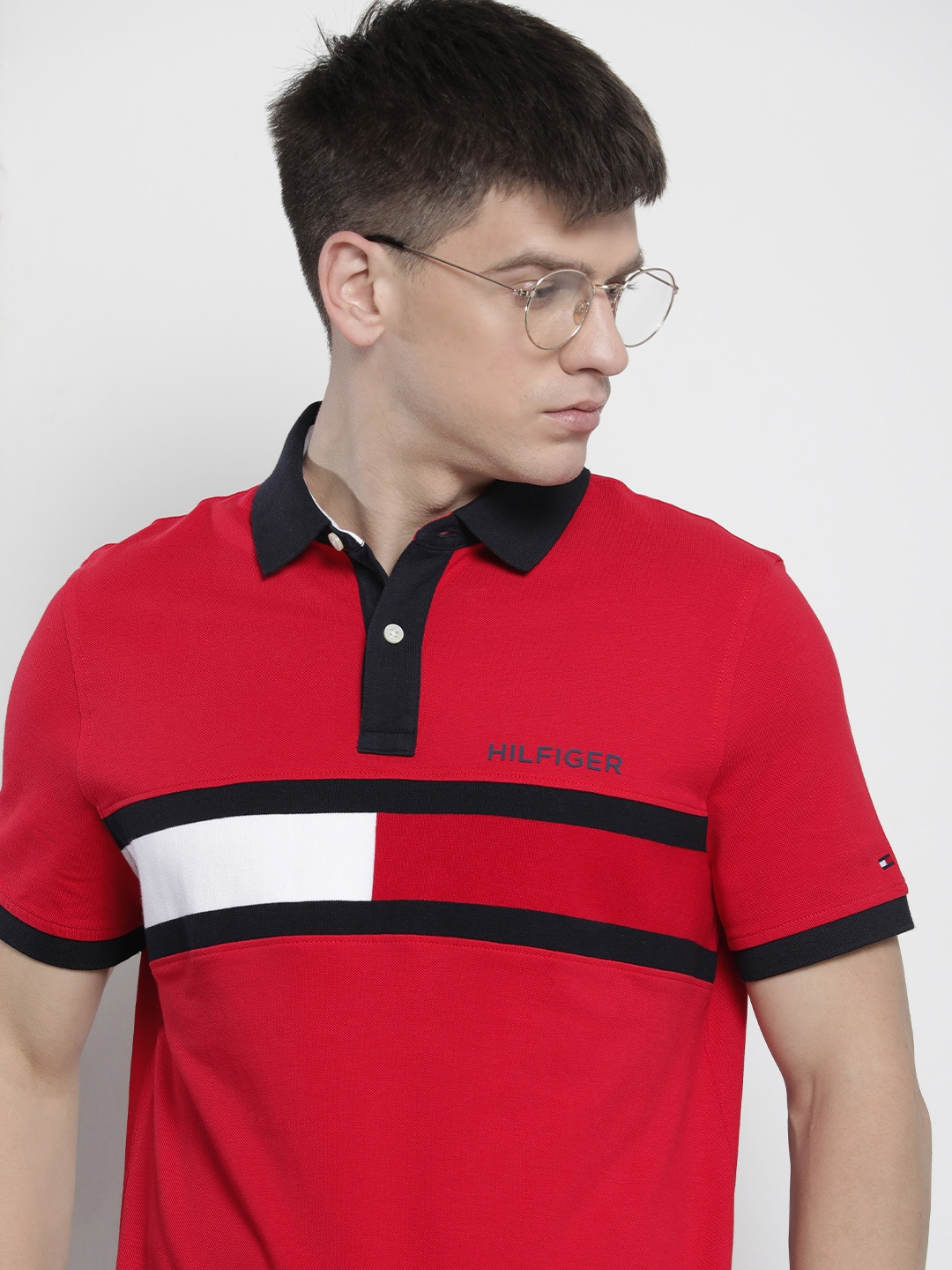 

Tommy Hilfiger Men Striped Polo Collar Pure Cotton T-shirt, Red