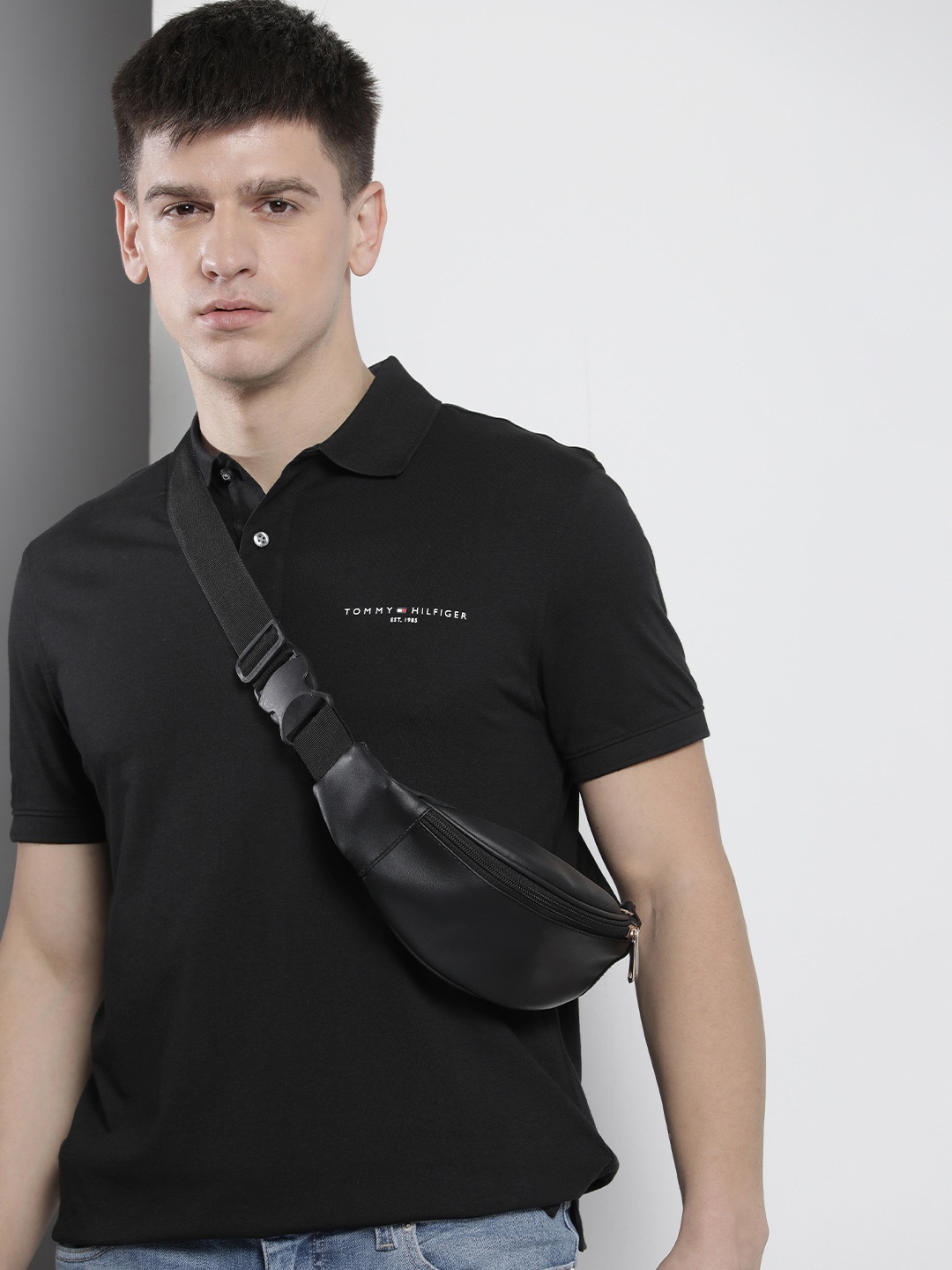 

Tommy Hilfiger Men Solid Polo Collar Pure Cotton Slim Fit T-shirt, Black