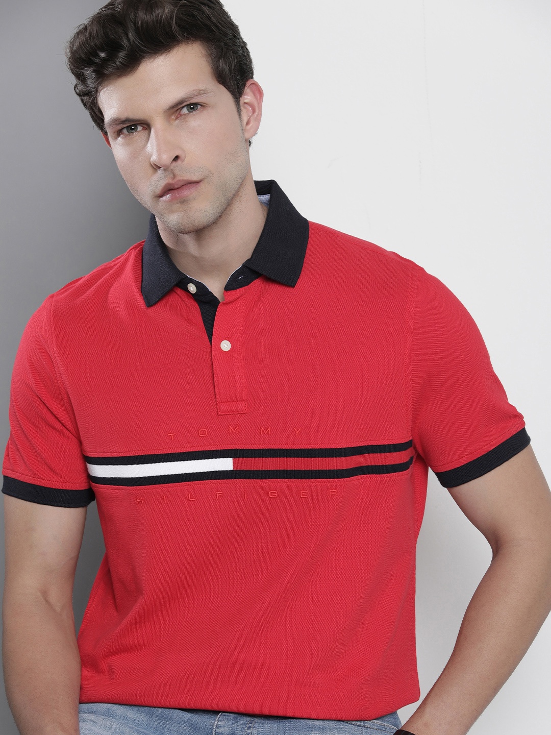 

Tommy Hilfiger Men Striped Polo Collar Pure Cotton T-shirt, Red