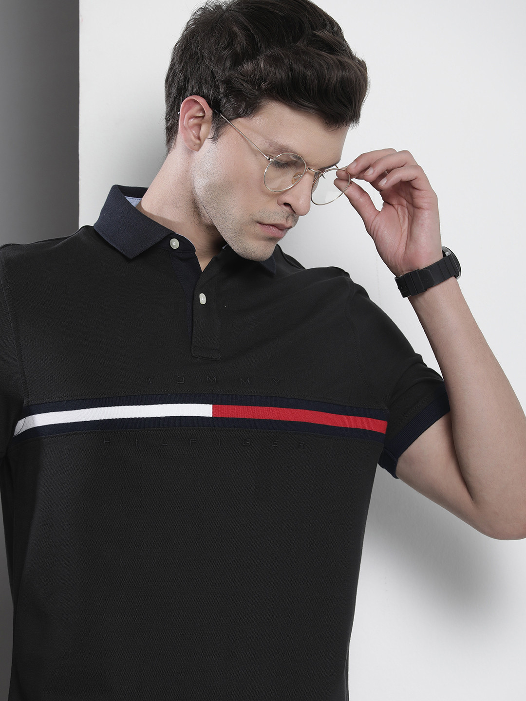 

Tommy Hilfiger Men Brand Logo Embroidered Polo Collar Pure Cotton T-shirt, Black