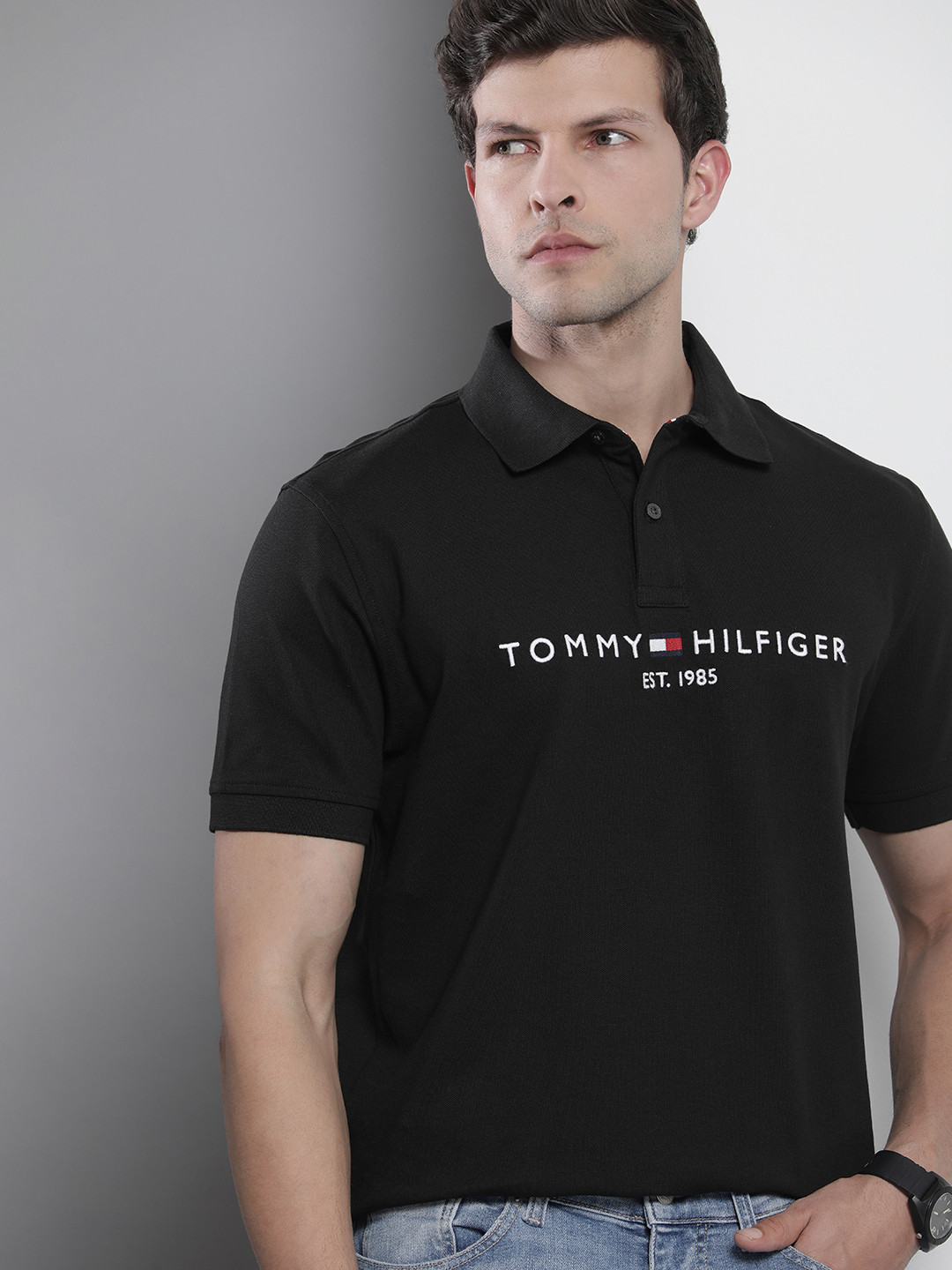 

Tommy Hilfiger Men Brand Logo Embroidered Polo Collar T-shirt, Black