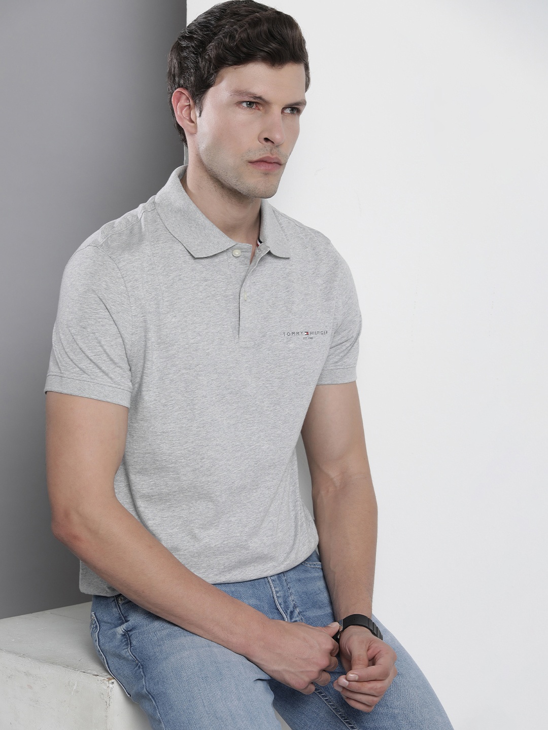 

Tommy Hilfiger Men Solid Polo Collar Pure Cotton Slim Fit T-shirt, Grey