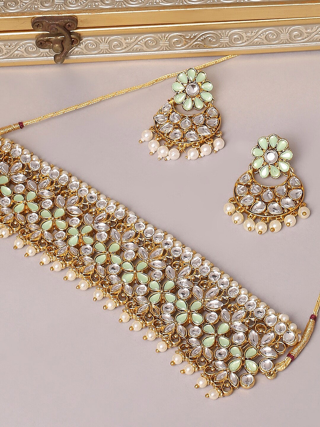 

BARSANO Gold-Plated Kundan-Studded & Pearl Beaded Jewellery Set, Sea green