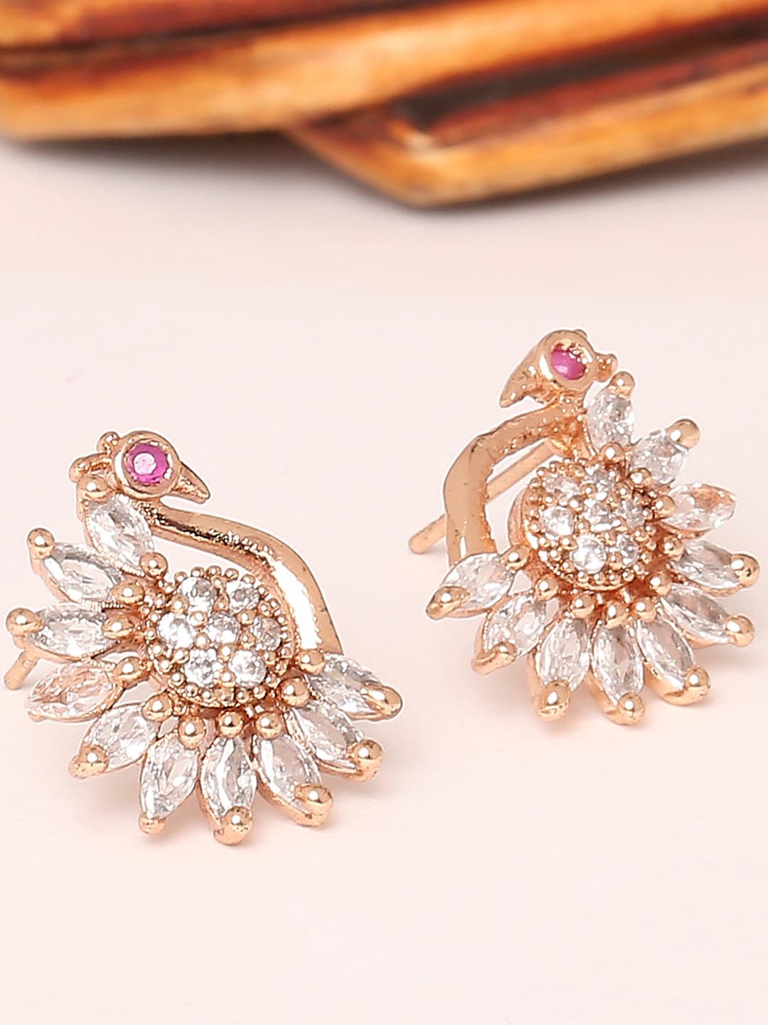 

BARSANO Rose Gold-Plated Peacock Shaped Studs Earrings