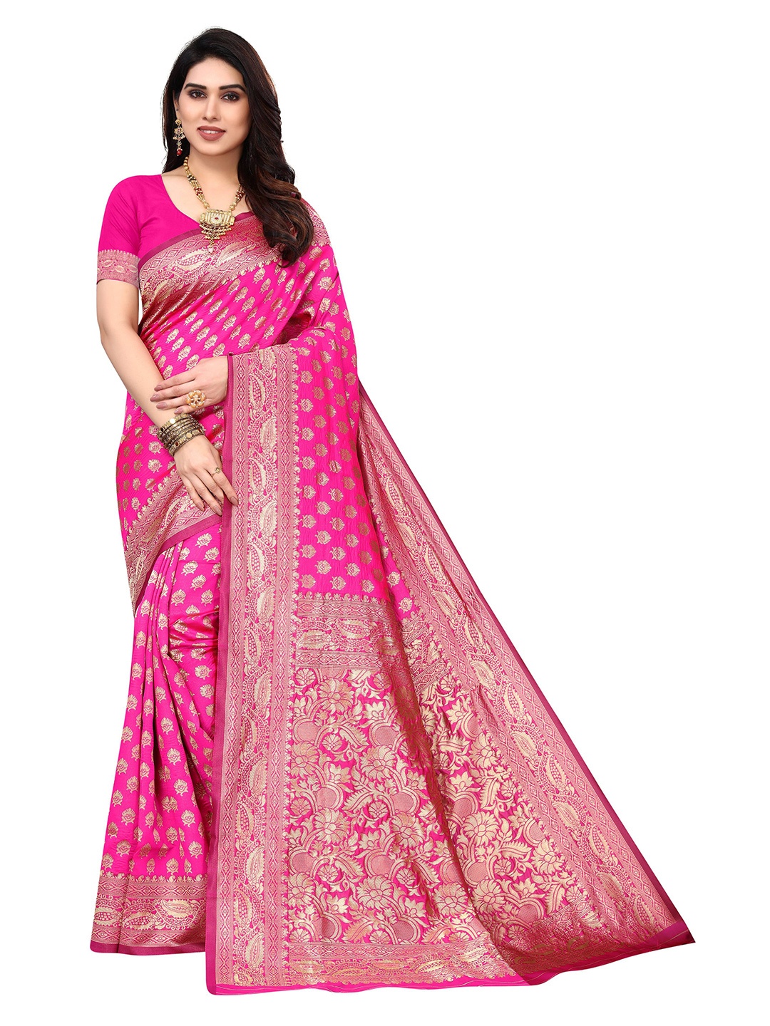 

AADVIKA Ethnic Motif Zari Silk Blend Kanjeevaram Saree, Pink