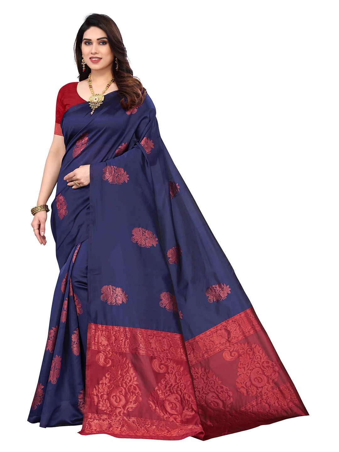 

AADVIKA Ethnic Motif Zari Silk Blend Kanjeevaram Saree, Navy blue