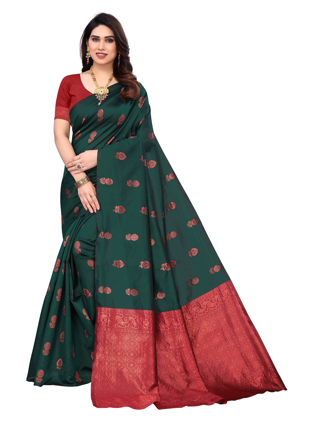 

AADVIKA Ethnic Motif Zari Silk Blend Kanjeevaram Saree, Green