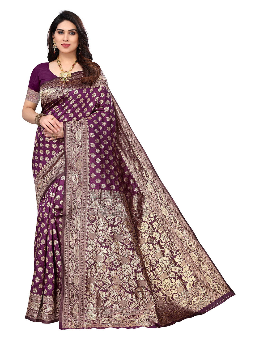 

AADVIKA Ethnic Motif Zari Silk Blend Kanjeevaram Saree, Purple