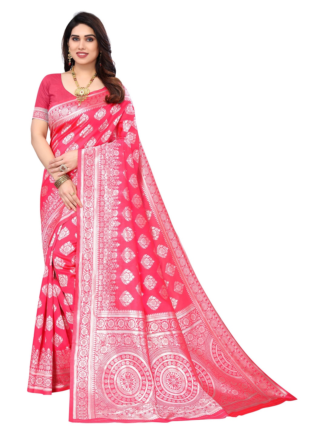 

AADVIKA Ethnic Motif Zari Silk Blend Kanjeevaram Saree, Coral