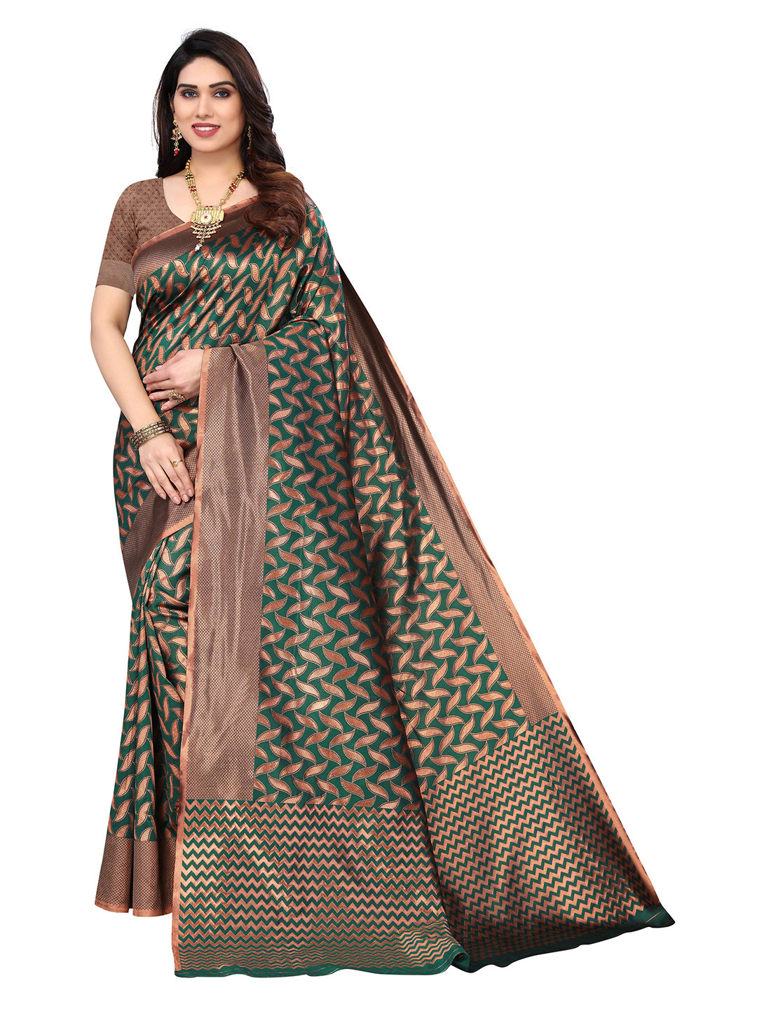 

AADVIKA Woven Design Zari Silk Blend Kanjeevaram Saree, Green