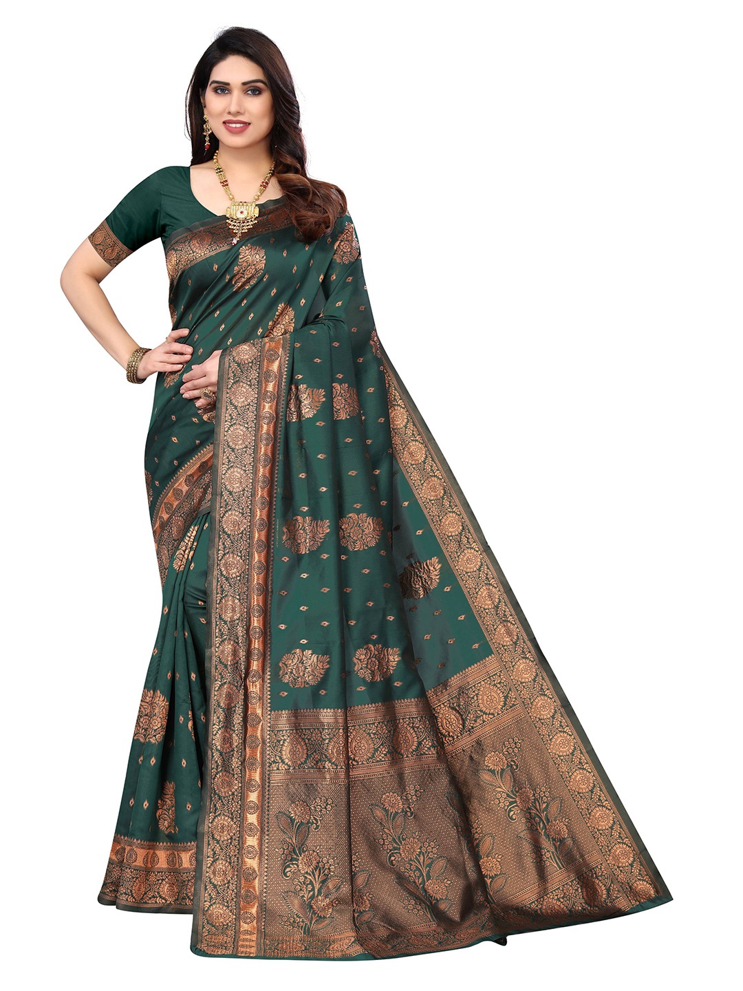 

AADVIKA Ethnic Motif Zari Silk Blend Kanjeevaram Saree, Green