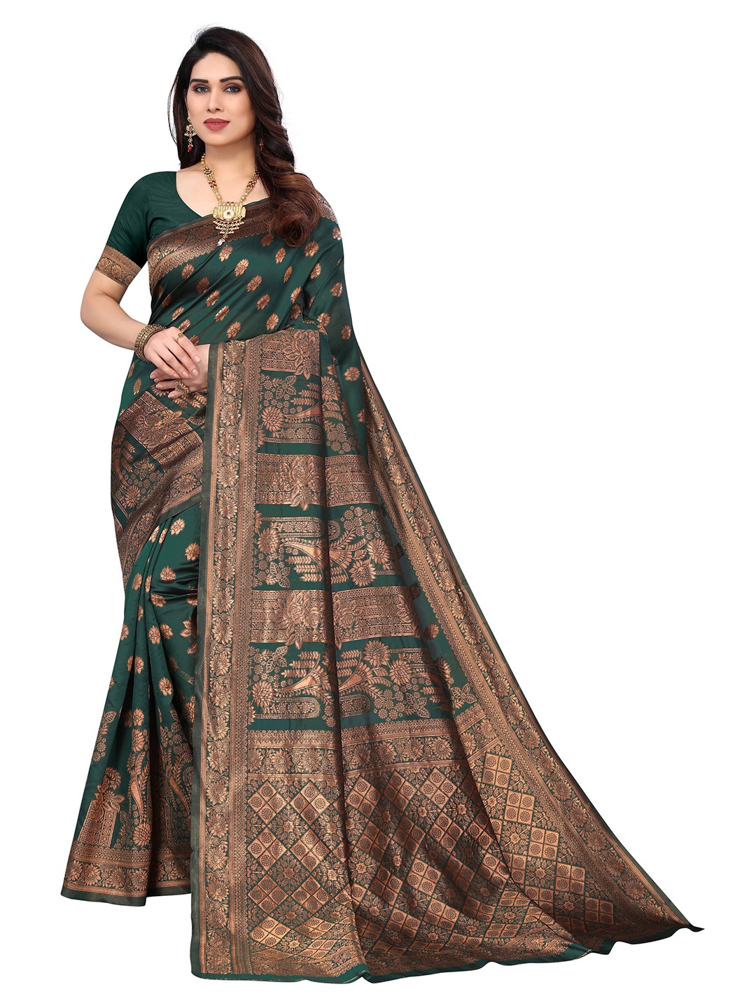 

AADVIKA Ethnic Motif Zari Silk Blend Kanjeevaram Saree, Green