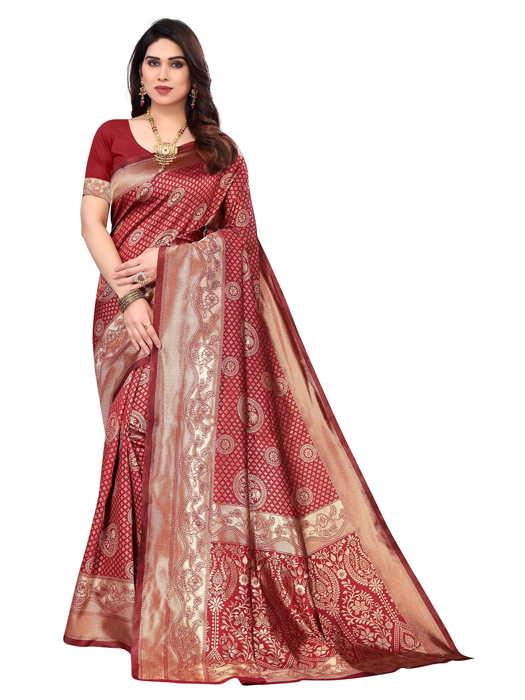 

AADVIKA Ethnic Motif Zari Silk Blend Kanjeevaram Saree, Red