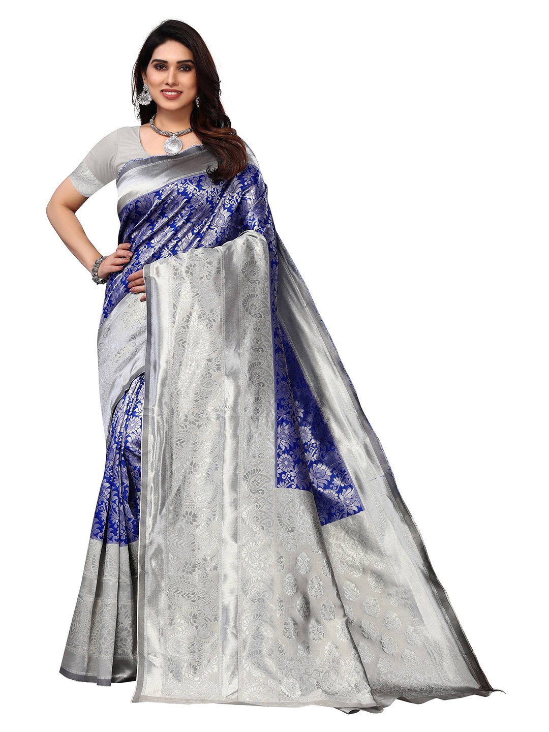 

AADVIKA Floral Woven Design Zari Silk Blend Kanjeevaram Saree, Blue