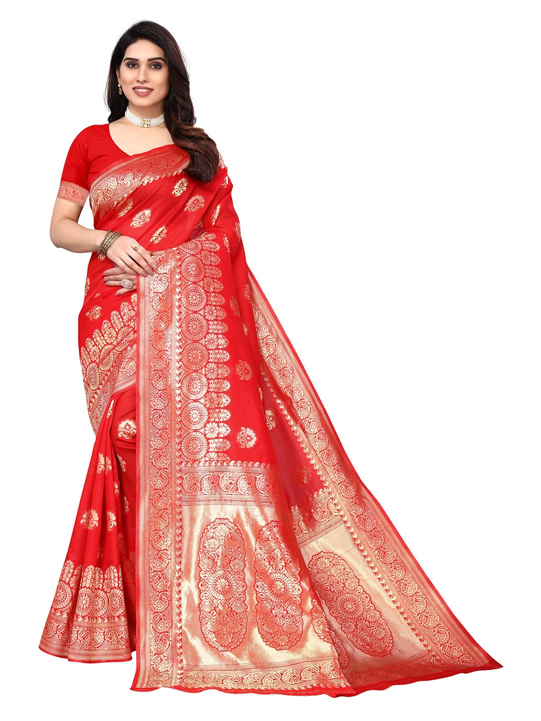 

AADVIKA Ethnic Motif Zari Silk Blend Kanjeevaram Saree, Red