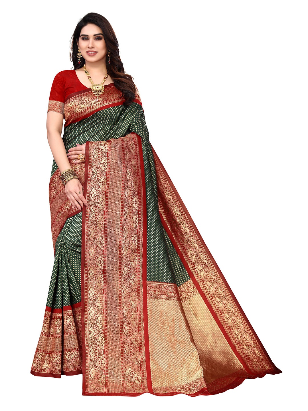 

AADVIKA Ethnic Motif Zari Silk Blend Kanjeevaram Saree, Green