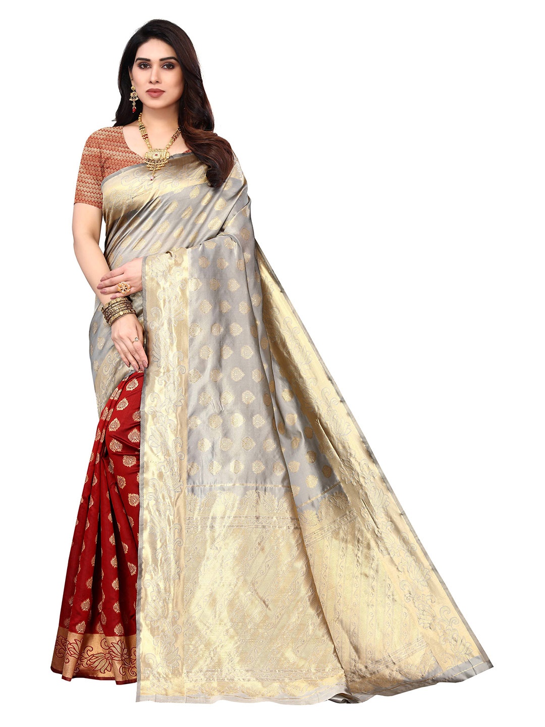 

AADVIKA Ethnic Motifs Zari Silk Blend Kanjeevaram Saree, Brown