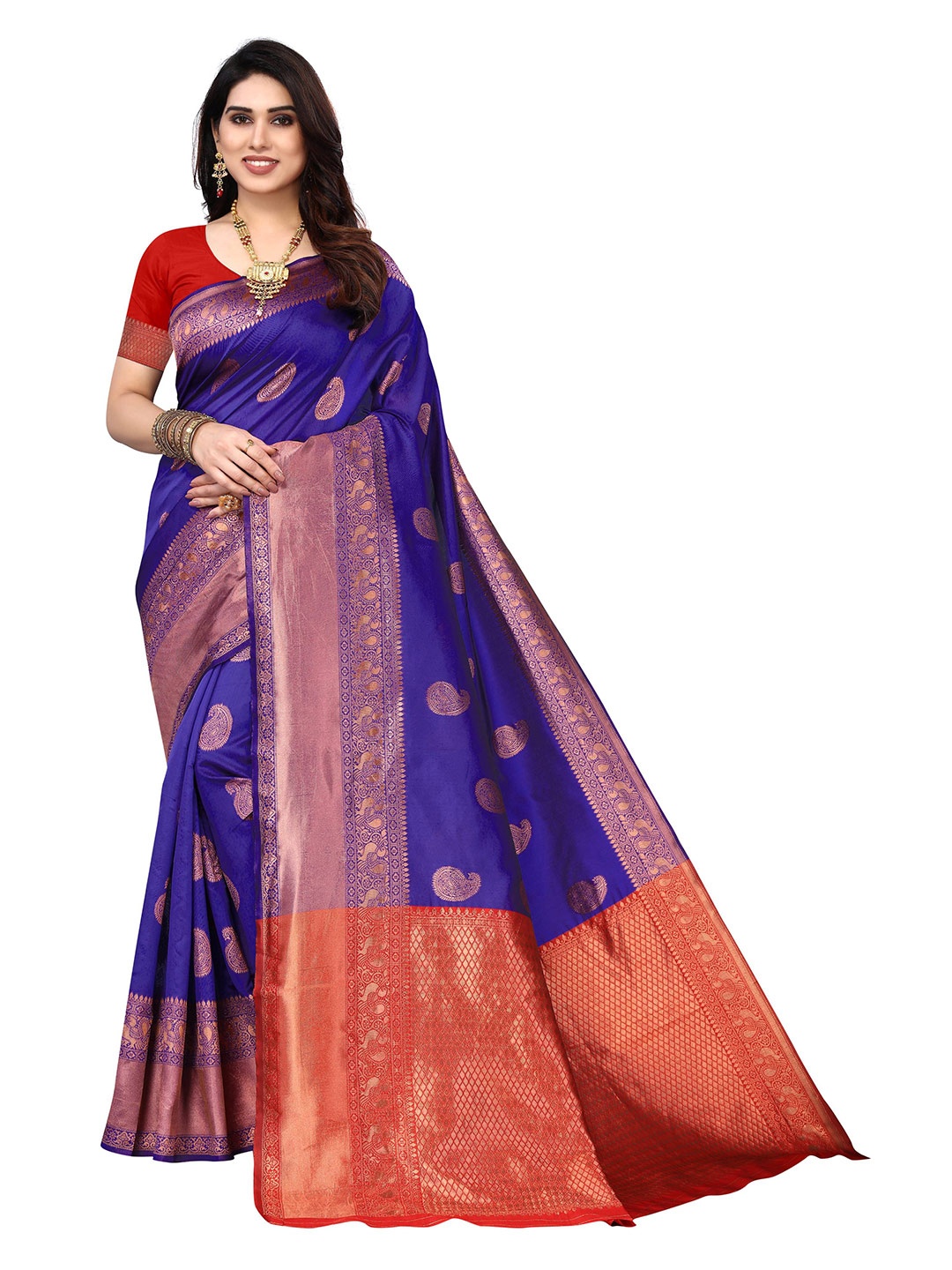 

AADVIKA Paisley Zari Silk Blend Kanjeevaram Saree, Blue