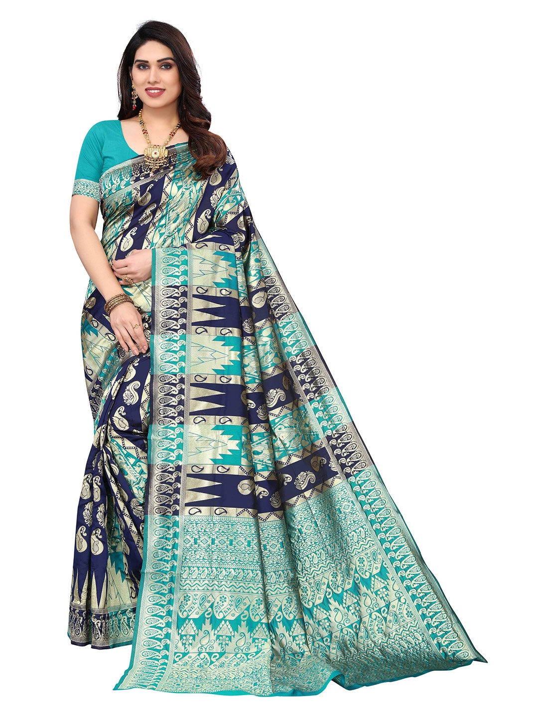 

AADVIKA Ethnic Motifs Zari Silk Blend Kanjeevaram Saree, Green