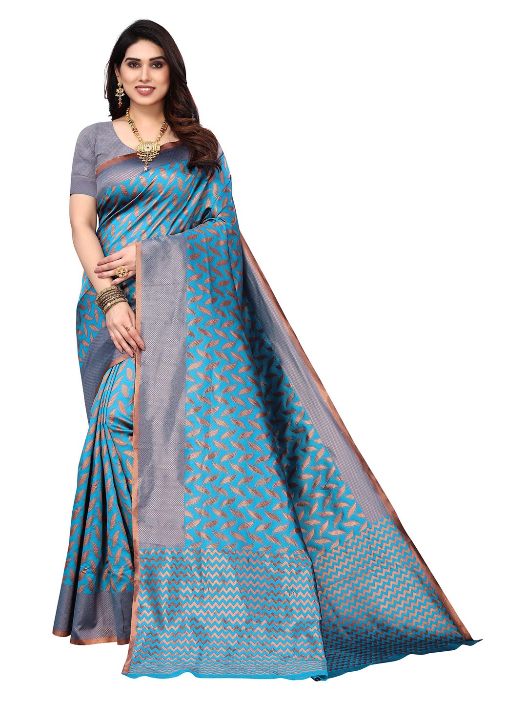 

AADVIKA Ethnic Motifs Zari Silk Blend Kanjeevaram Saree, Blue