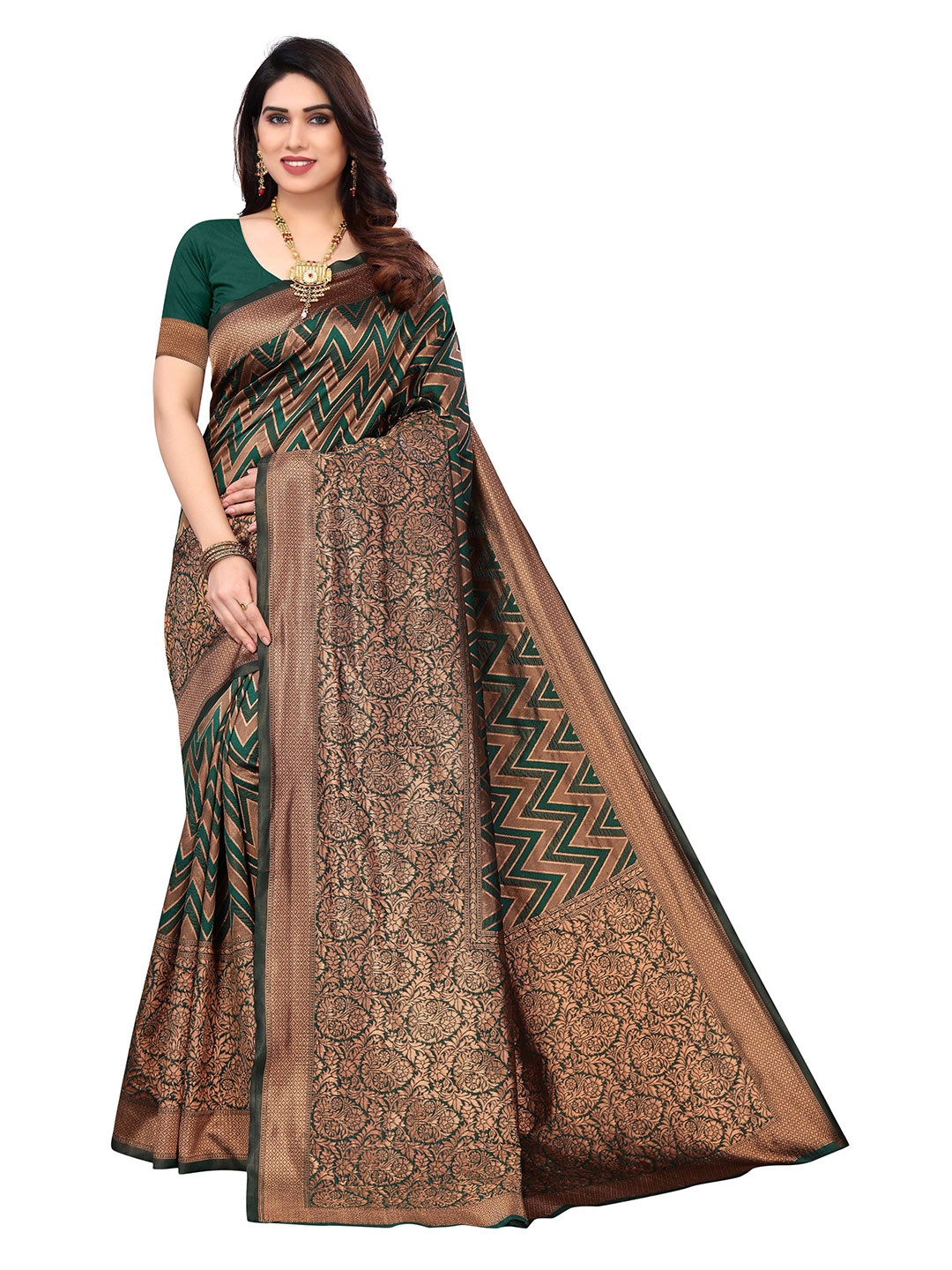 

AADVIKA Ethnic Motifs Zari Silk Blend Kanjeevaram Saree, Green