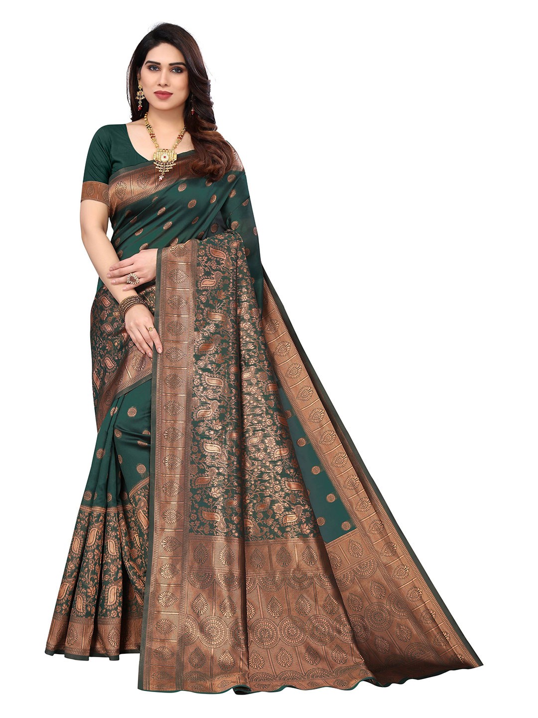 

AADVIKA Ethnic Motifs Zari Silk Blend Kanjeevaram Saree, Sea green