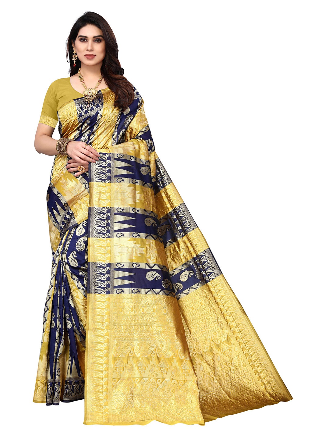 

AADVIKA Ethnic Motifs Zari Silk Blend Kanjeevaram Saree, Yellow
