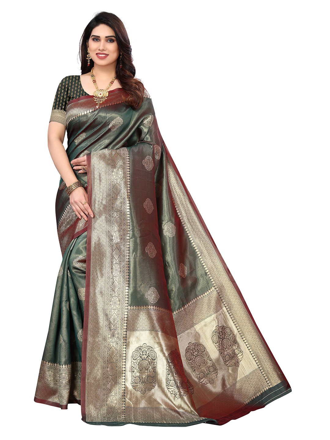 

AADVIKA Ethnic Motifs Zari Silk Blend Kanjeevaram Saree, Sea green