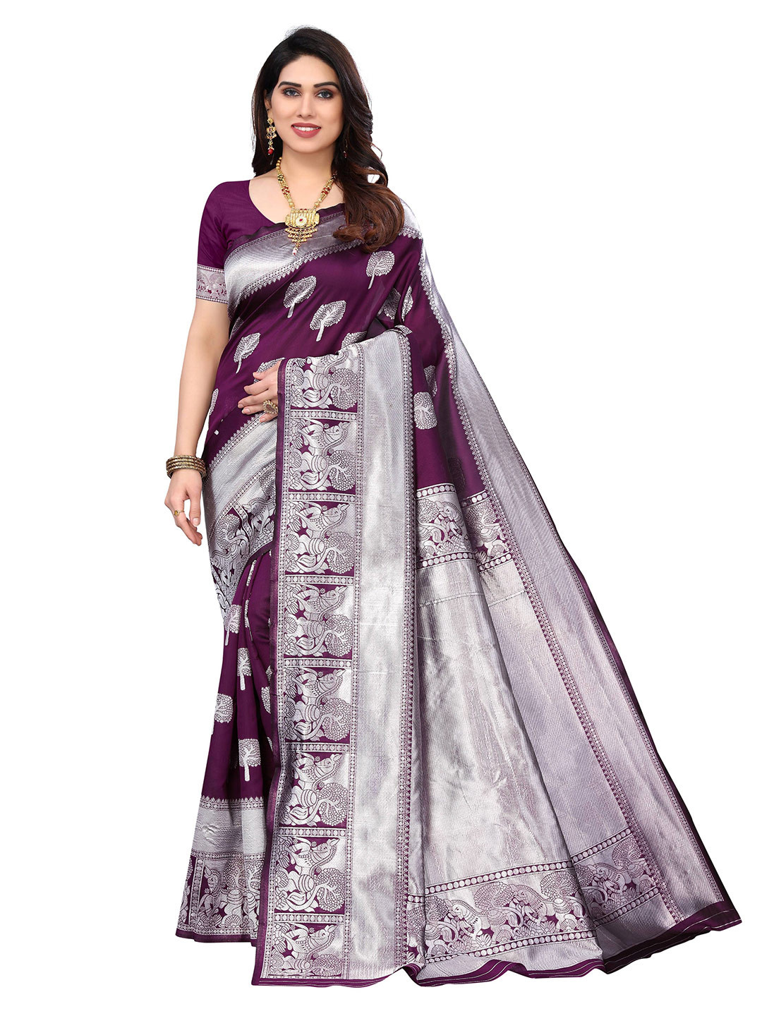 

AADVIKA Ethnic Motifs Zari Silk Blend Kanjeevaram Saree, Purple
