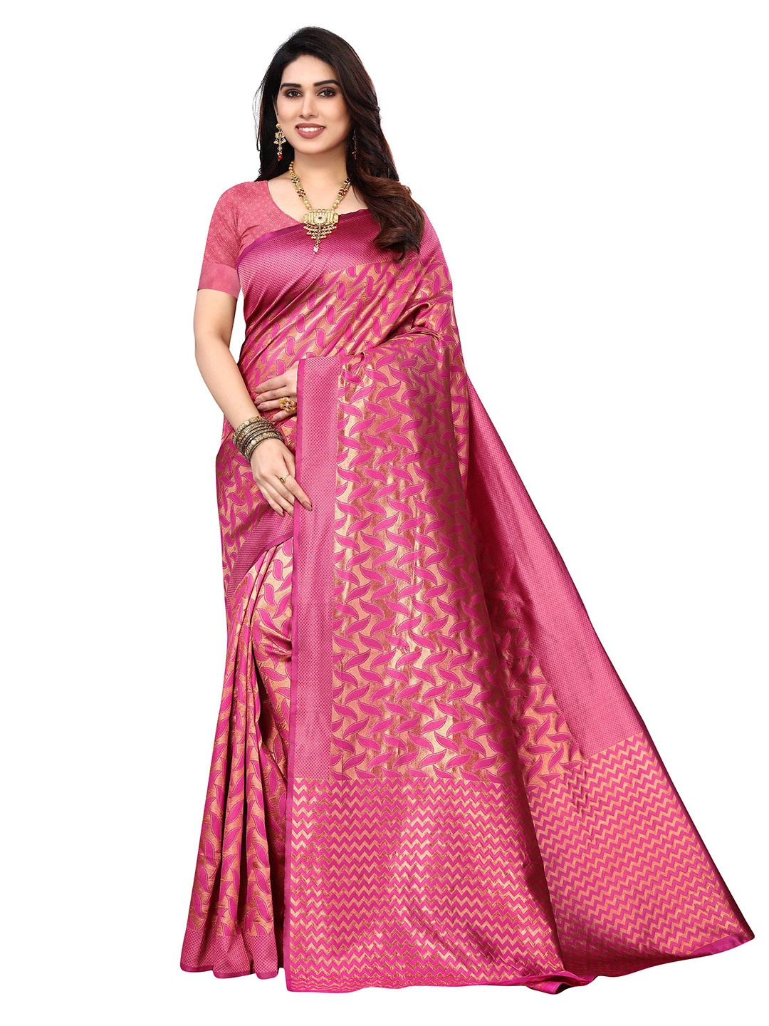 

AADVIKA Zari Silk Blend Kanjeevaram Saree, Pink