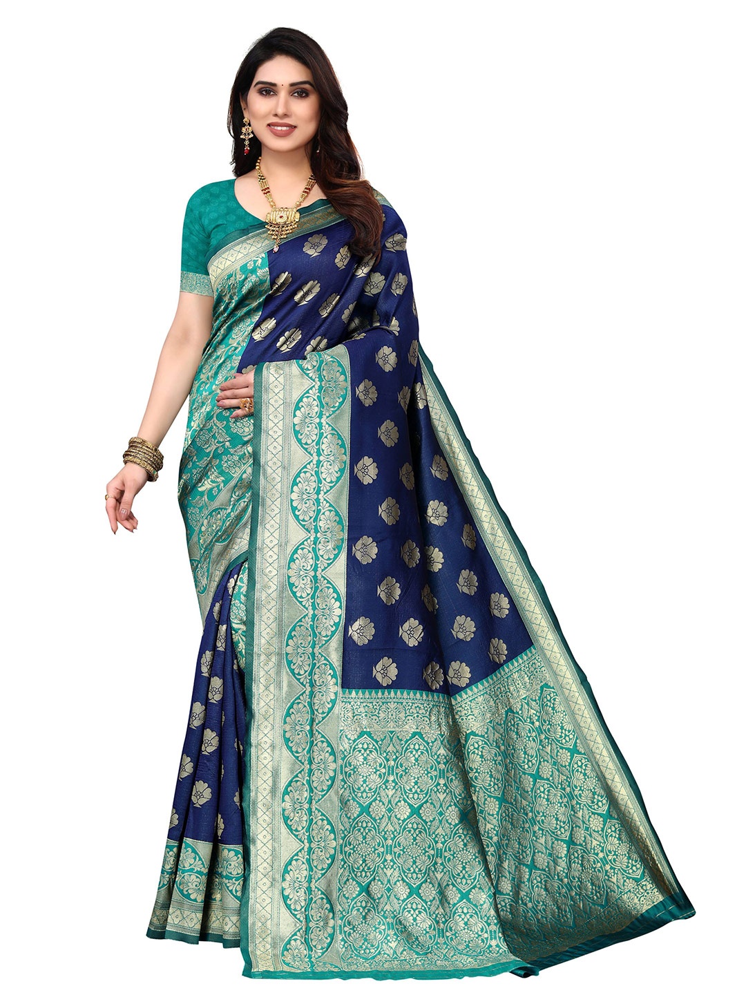 

AADVIKA Woven Design Zari Kanjeevaram Saree, Sea green