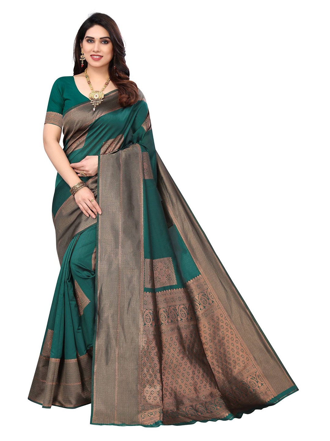 

AADVIKA Sea Green & Copper-Toned Woven Design Zari Kanjeevaram Saree