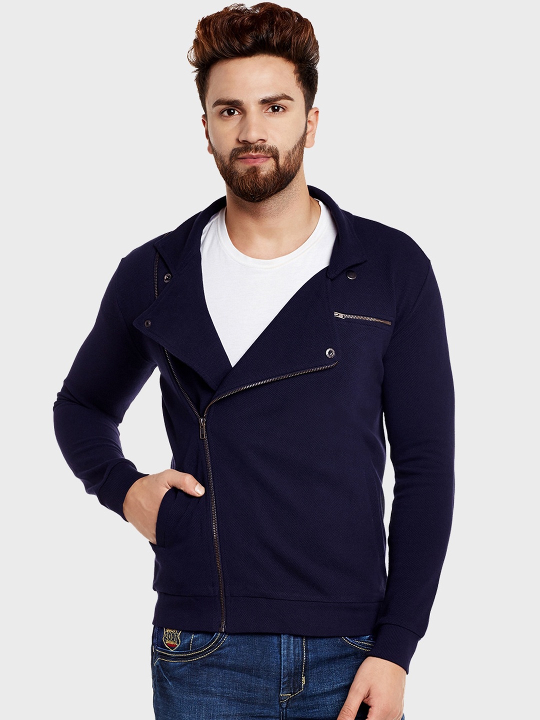 

Hypernation Men Solid Cotton Tailored Jacket, Navy blue