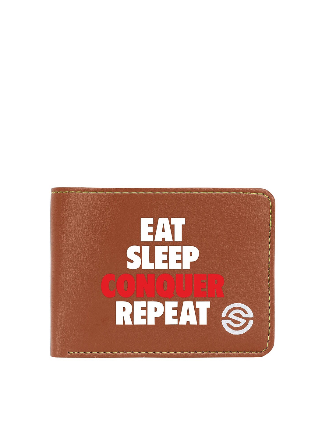 SCHARF Men Typography Printed Vegan Leather Two Fold Wallet, Tan