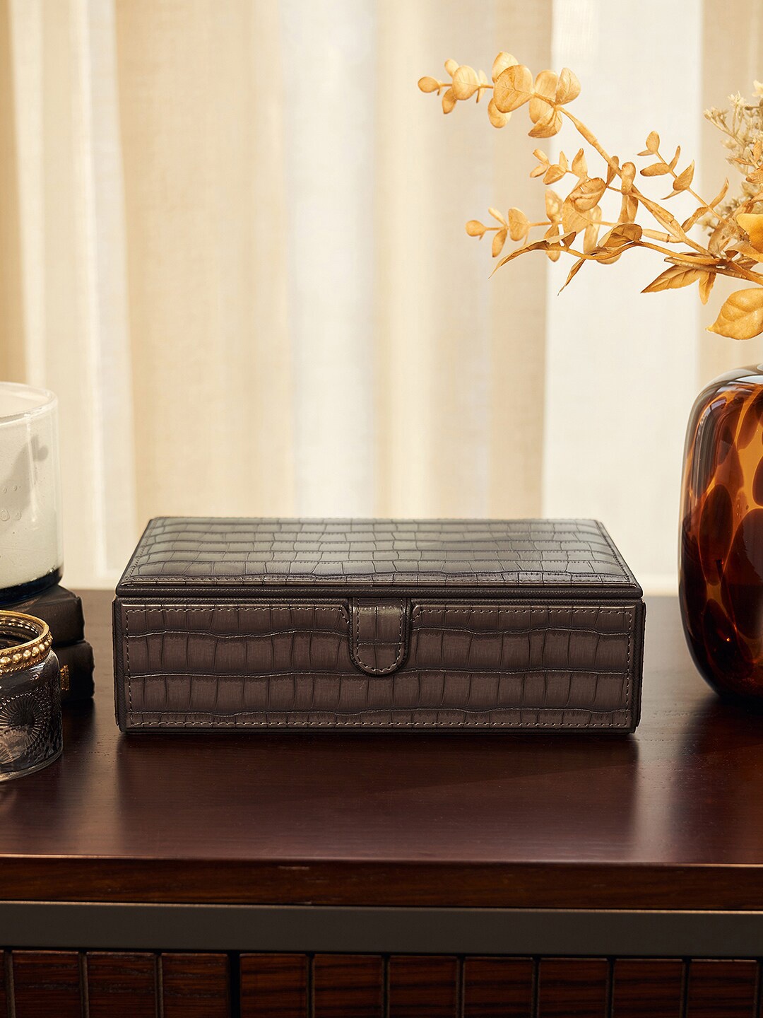 

Pure Home and Living Brown Textured Leather Storage Organiser