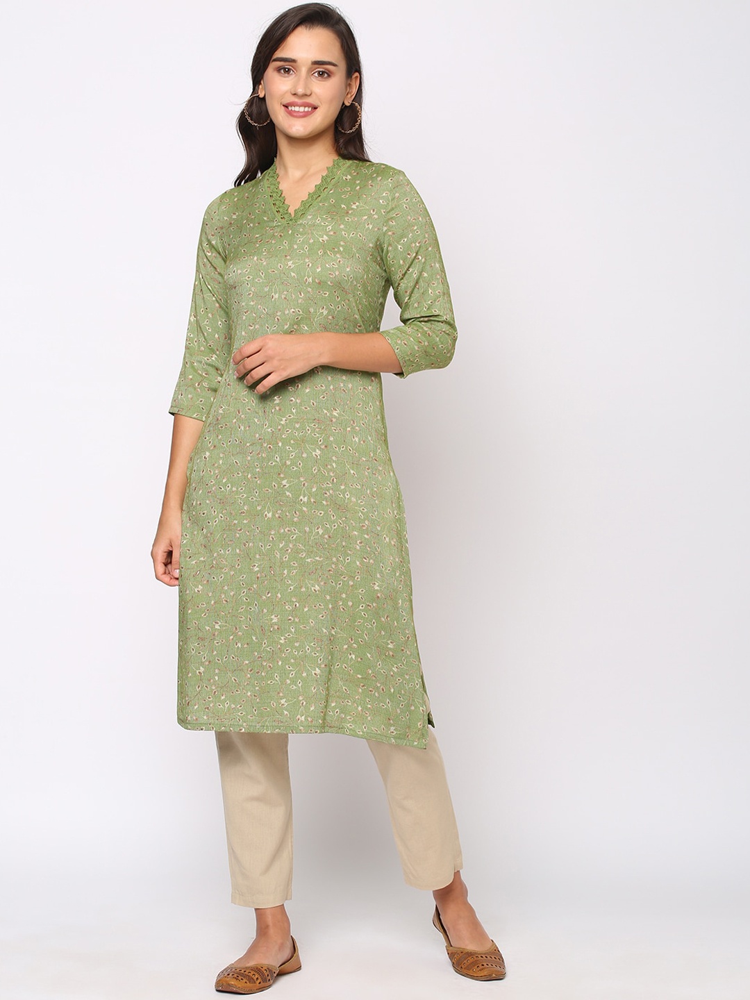 

Fusion Beats Ethnic Motifs Embroidered Thread Work Kurta, Green