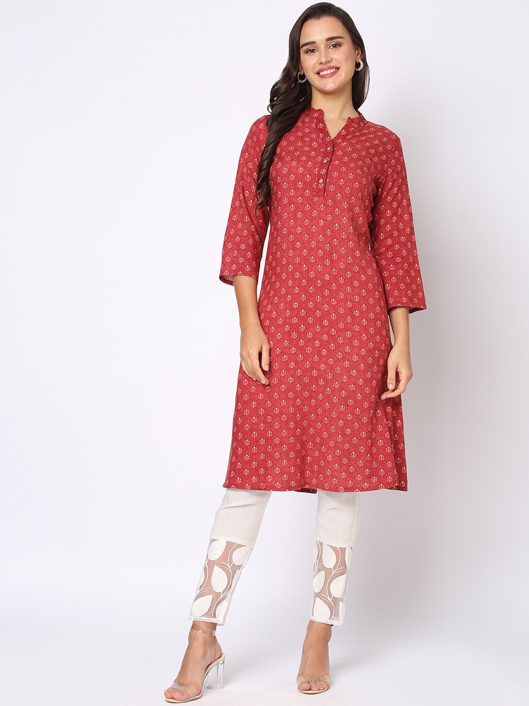 

Fusion Beats Ethnic Motifs Mandarin Collar Printed Kurta, Rust