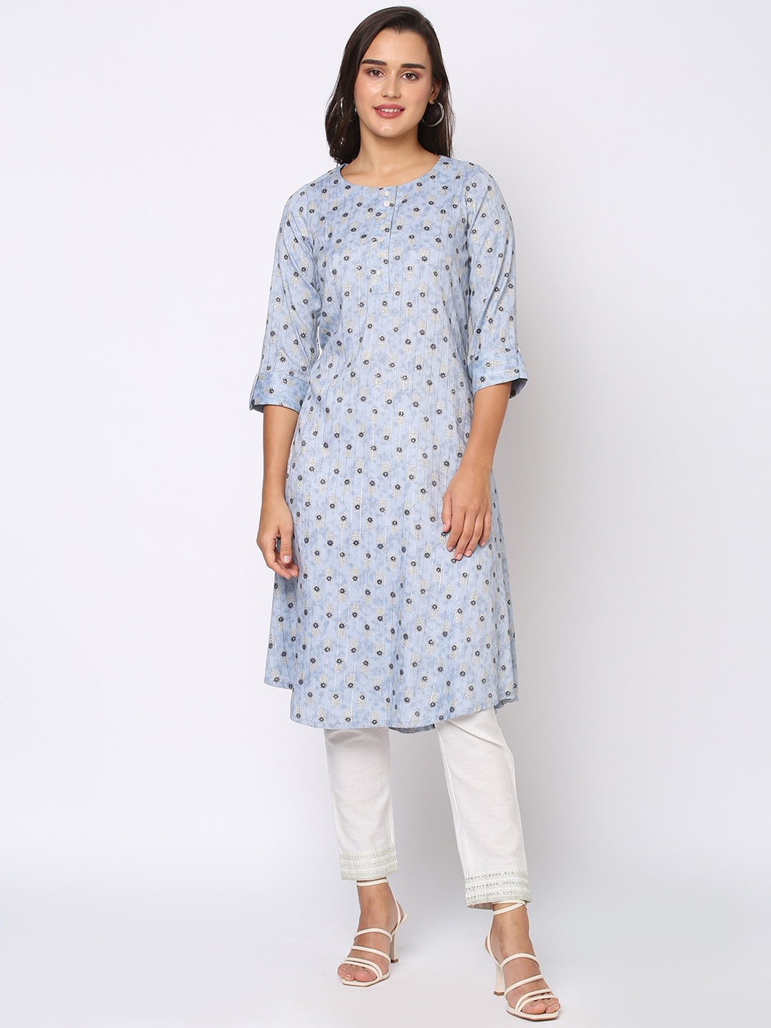 

Fusion Beats Ethnic Motifs Printed Band Collar Kurta, Blue