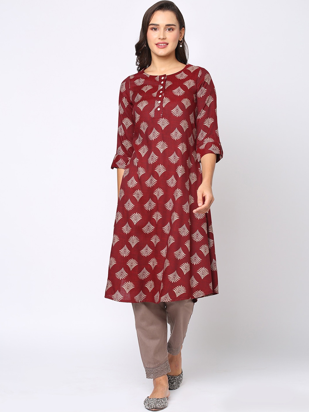 

Fusion Beats Ethnic Motifs Printed A-Line Kurta, Maroon