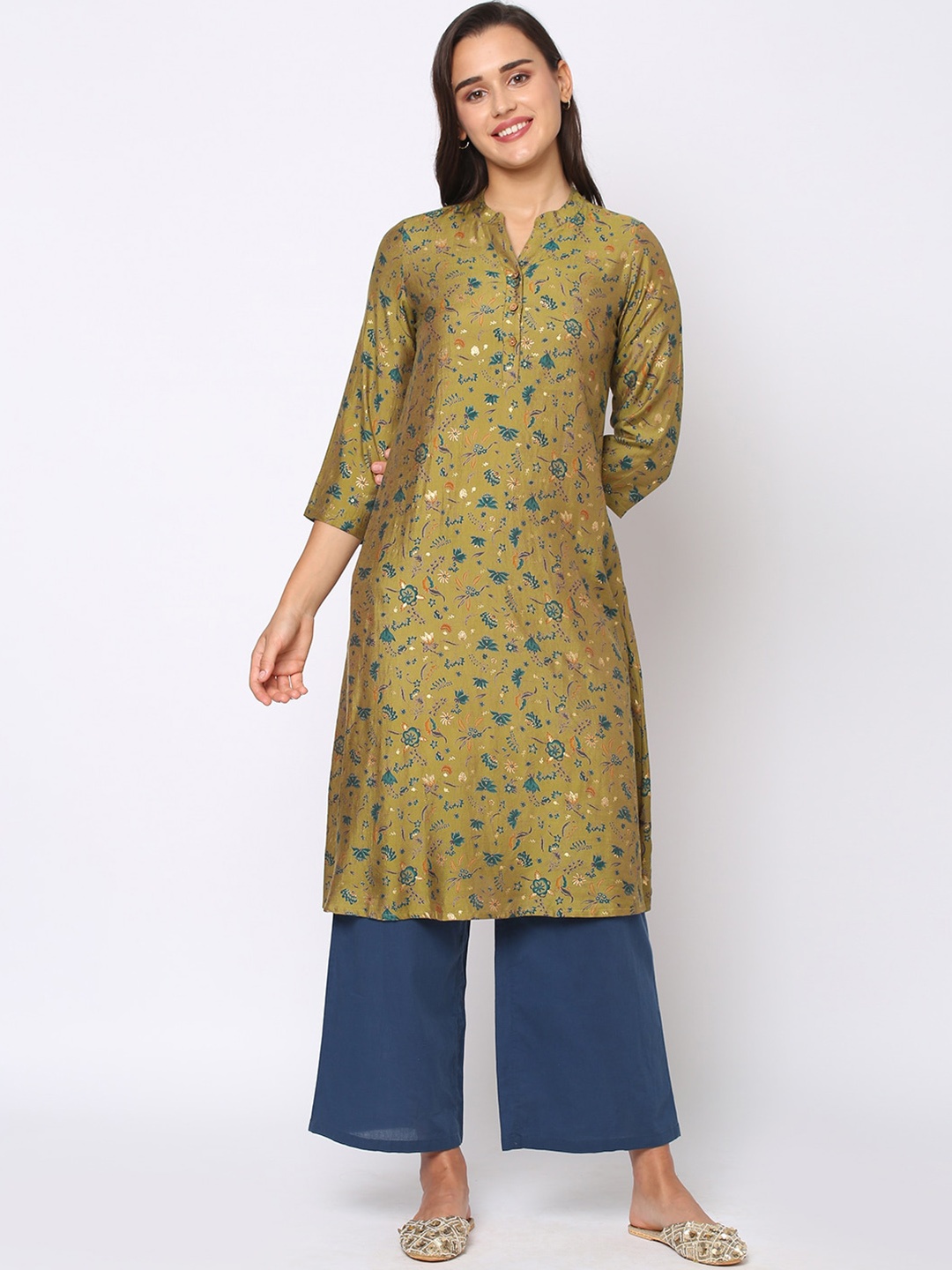 

Fusion Beats Floral Printed Band Collar Straight Kurta, Green