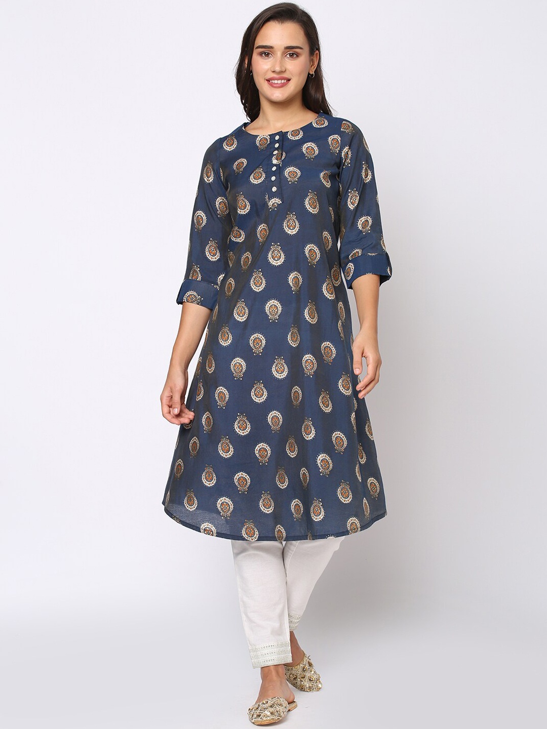 

Fusion Beats Ethnic Motifs Printed Round Neck Kurta, Navy blue