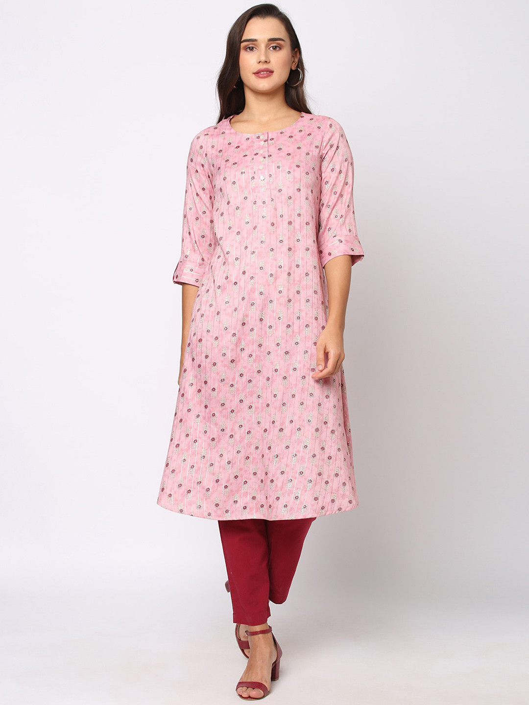 

Fusion Beats Ethnic Motifs Round Neck Printed Kurta, Pink