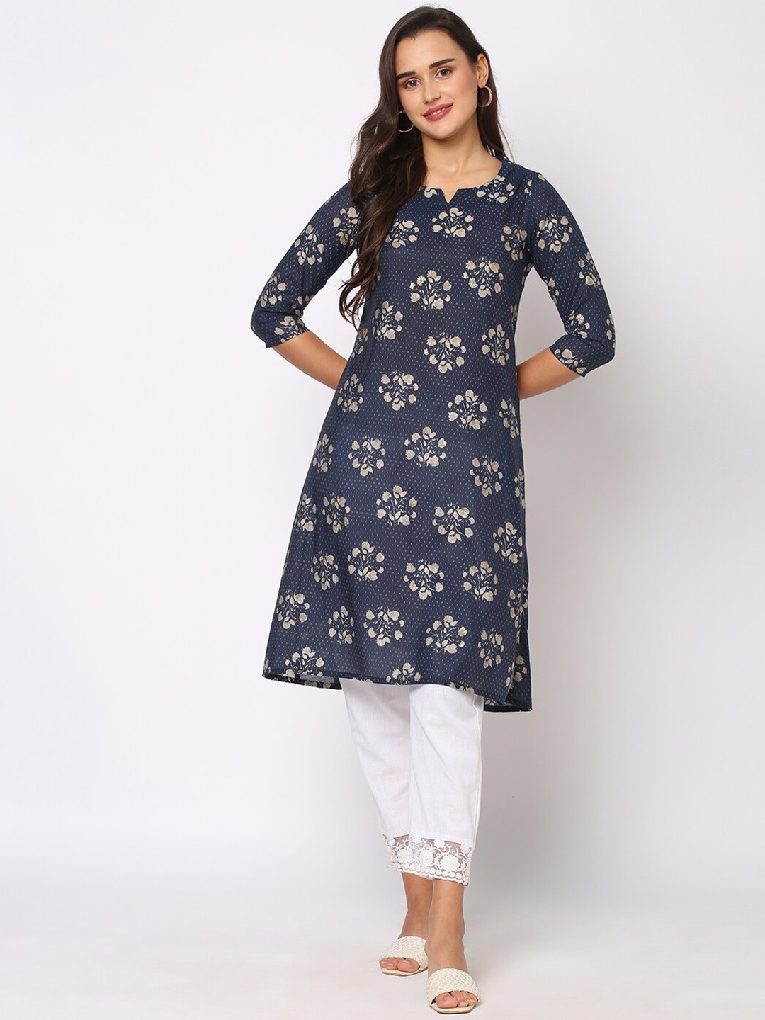 

Fusion Beats Floral Printed A-Line Kurta, Navy blue